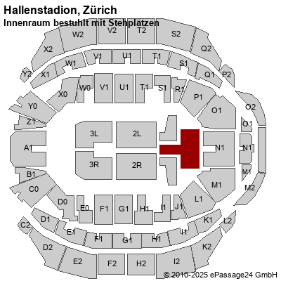 Saalplan Hallenstadion, Zürich, Schweiz, Innenraum bestuhlt mit Stehplätzen