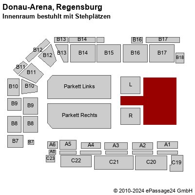 Saalplan Donau-Arena, Regensburg, Deutschland, Innenraum bestuhlt mit Stehplätzen