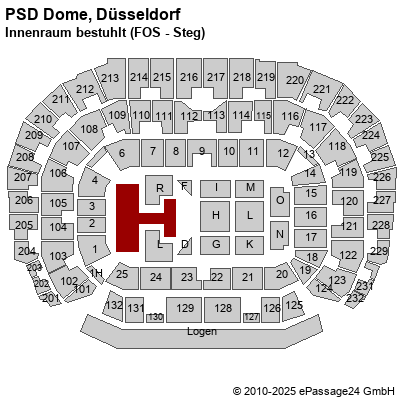 Saalplan ISS Dome, Düsseldorf, Deutschland, Innenraum bestuhlt (FOS - Steg)