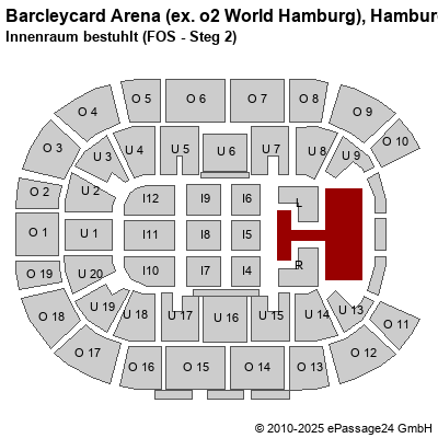 Saalplan Barcleycard Arena (ex. o2 World Hamburg), Hamburg, Deutschland, Innenraum bestuhlt (FOS - Steg 2)