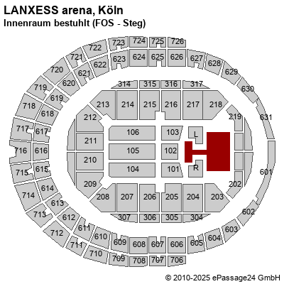 Saalplan LANXESS arena, Köln, Deutschland, Innenraum bestuhlt (FOS - Steg)