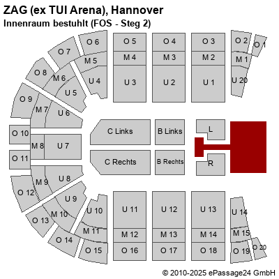 Saalplan ZAG (ex TUI Arena), Hannover, Deutschland, Innenraum bestuhlt (FOS - Steg 2)