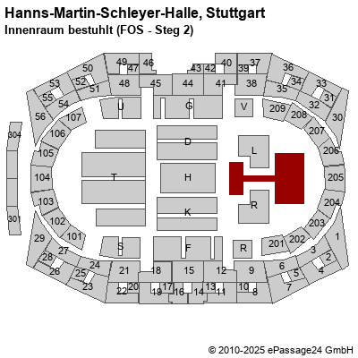 Saalplan Hanns-Martin-Schleyer-Halle, Stuttgart, Deutschland, Innenraum bestuhlt (FOS - Steg 2)