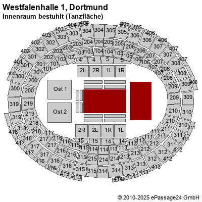 Saalplan Westfalenhalle 1, Dortmund, Deutschland, Innenraum bestuhlt (Tanzfläche)