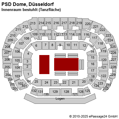 Saalplan ISS Dome, Düsseldorf, Deutschland, Innenraum bestuhlt (Tanzfläche)