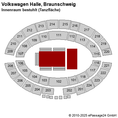 Saalplan Volkswagen Halle, Braunschweig, Deutschland, Innenraum bestuhlt (Tanzfläche)