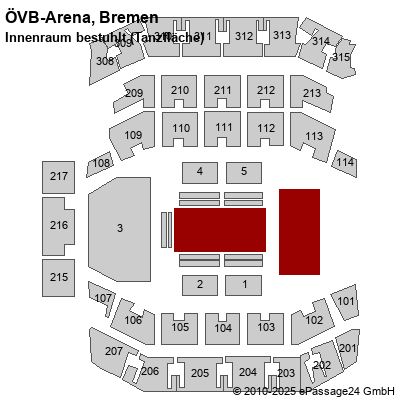 Saalplan ÖVB-Arena, Bremen, Deutschland, Innenraum bestuhlt (Tanzfläche)