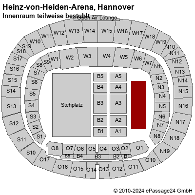 Saalplan Heinz-von-Heiden-Arena, Hannover, Deutschland, Innenraum teilweise bestuhlt