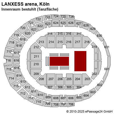 Saalplan LANXESS arena, Köln, Deutschland, Innenraum bestuhlt (Tanzfläche)