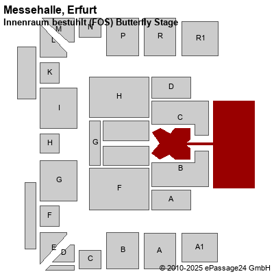 Saalplan Messehalle, Erfurt, Deutschland, Innenraum bestuhlt (FOS) Butterfly Stage