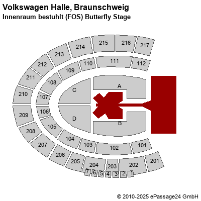 Saalplan Volkswagen Halle, Braunschweig, Deutschland, Innenraum bestuhlt (FOS) Butterfly Stage