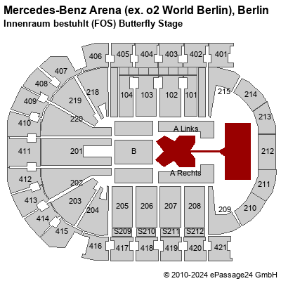 Saalplan Mercedes-Benz Arena (ex. o2 World Berlin), Berlin, Deutschland, Innenraum bestuhlt (FOS) Butterfly Stage