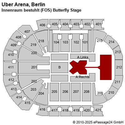 Saalplan Mercedes-Benz Arena (ex. o2 World Berlin), Berlin, Deutschland, Innenraum bestuhlt (FOS) Butterfly Stage