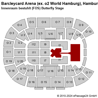 Saalplan Barcleycard Arena (ex. o2 World Hamburg), Hamburg, Deutschland, Innenraum bestuhlt (FOS) Butterfly Stage
