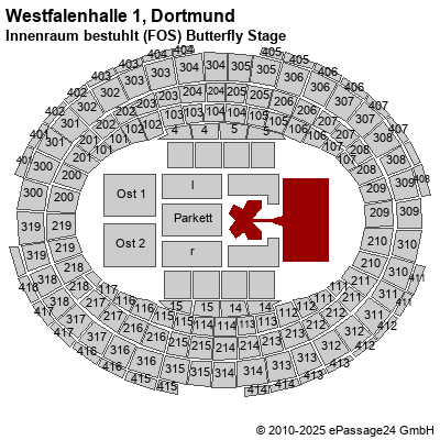 Saalplan Westfalenhalle 1, Dortmund, Deutschland, Innenraum bestuhlt (FOS) Butterfly Stage