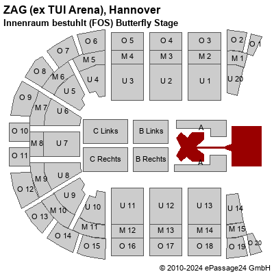 Saalplan ZAG (ex TUI Arena), Hannover, Deutschland, Innenraum bestuhlt (FOS) Butterfly Stage