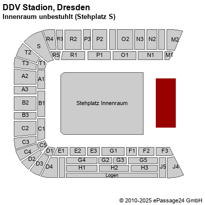 Saalplan Glücksgas Stadion, Dresden, Deutschland, Innenraum unbestuhlt (Stehplatz S)