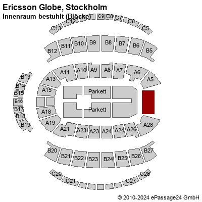 Saalplan Ericsson Globe, Stockholm, Schweden, Innenraum bestuhlt (Blöcke)