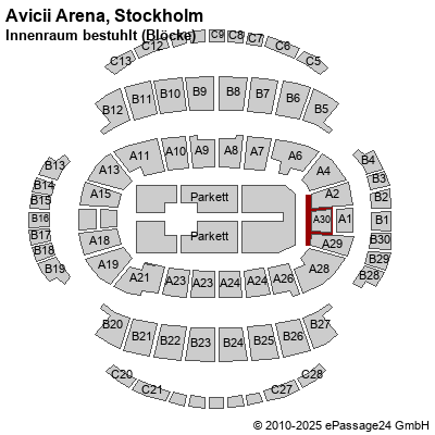 Saalplan Ericsson Globe, Stockholm, Schweden, Innenraum bestuhlt (Blöcke)