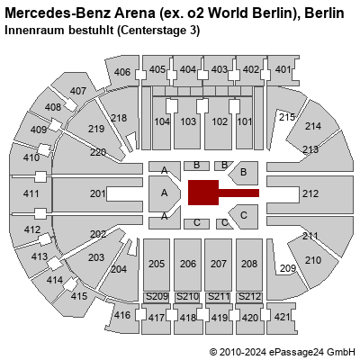 Saalplan Mercedes-Benz Arena (ex. o2 World Berlin), Berlin, Deutschland, Innenraum bestuhlt (Centerstage 3)