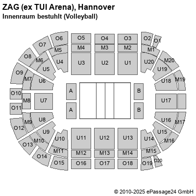 Saalplan ZAG (ex TUI Arena), Hannover, Deutschland, Innenraum bestuhlt (Volleyball)