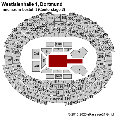 Saalplan Westfalenhalle 1, Dortmund, Deutschland, Innenraum bestuhlt (Centerstage 2)