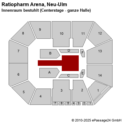 Saalplan Ratiopharm Arena, Neu-Ulm, Deutschland, Innenraum bestuhlt (Centerstage - ganze Halle)