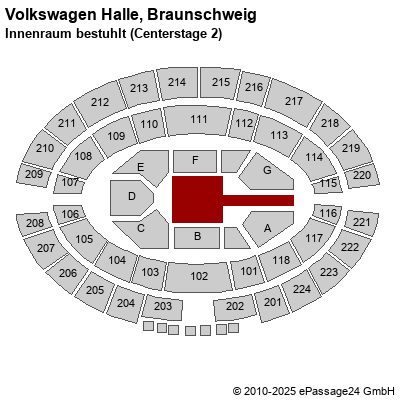 Saalplan Volkswagen Halle, Braunschweig, Deutschland, Innenraum bestuhlt (Centerstage 2)