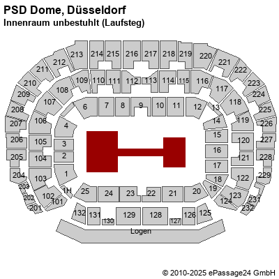 Saalplan ISS Dome, Düsseldorf, Deutschland, Innenraum unbestuhlt (Laufsteg)