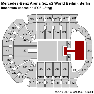 Saalplan Mercedes-Benz Arena (ex. o2 World Berlin), Berlin, Deutschland, Innenraum unbestuhlt (FOS - Steg)