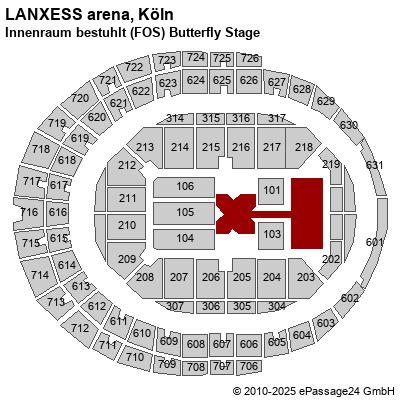 Saalplan LANXESS arena, Köln, Deutschland, Innenraum bestuhlt (FOS) Butterfly Stage