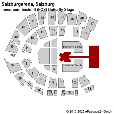 Saalplan Salzburgarena, Salzburg, Österreich, Innenraum bestuhlt (FOS) Butterfly Stage