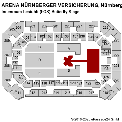 Saalplan ARENA NÜRNBERGER VERSICHERUNG, Nürnberg, Deutschland, Innenraum bestuhlt (FOS) Butterfly Stage