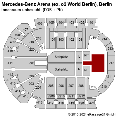Saalplan Mercedes-Benz Arena (ex. o2 World Berlin), Berlin, Deutschland, Innenraum unbestuhlt (FOS + Pit)