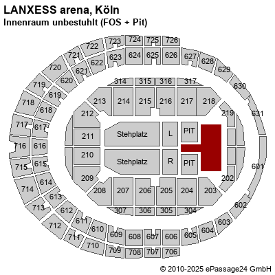 Saalplan LANXESS arena, Köln, Deutschland, Innenraum unbestuhlt (FOS + Pit)