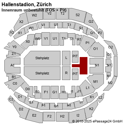 Saalplan Hallenstadion, Zürich, Schweiz, Innenraum unbestuhlt (FOS + Pit)