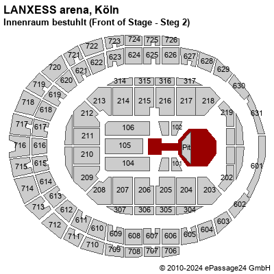 Saalplan LANXESS arena, Köln, Deutschland, Innenraum bestuhlt (Front of Stage - Steg 2)