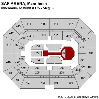 Saalplan SAP ARENA, Mannheim, Deutschland, Innenraum bestuhlt (FOS - Steg 3)