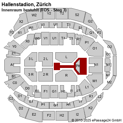 Saalplan Hallenstadion, Zürich, Schweiz, Innenraum bestuhlt (FOS - Steg 3)