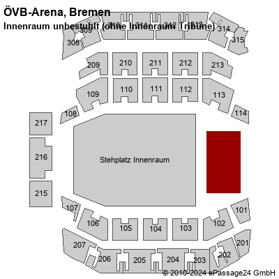 Saalplan ÖVB-Arena, Bremen, Deutschland, Innenraum unbestuhlt (ohne Innenraum Tribüne)