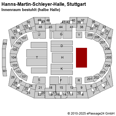 Saalplan Hanns-Martin-Schleyer-Halle, Stuttgart, Deutschland, Innenraum bestuhlt (halbe Halle)