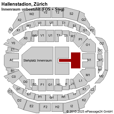 Saalplan Hallenstadion, Zürich, Schweiz, Innenraum unbestuhlt (FOS + Steg)