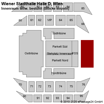 Saalplan Wiener Stadthalle Halle D, Wien, Österreich, Innenraum teilw. bestuhlt (Blöcke einzeln)