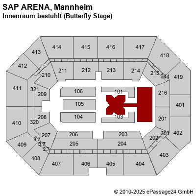 Saalplan SAP ARENA, Mannheim, Deutschland, Innenraum bestuhlt (Butterfly Stage)