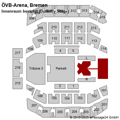 Saalplan ÖVB-Arena, Bremen, Deutschland, Innenraum bestuhlt (Butterfly Stage)