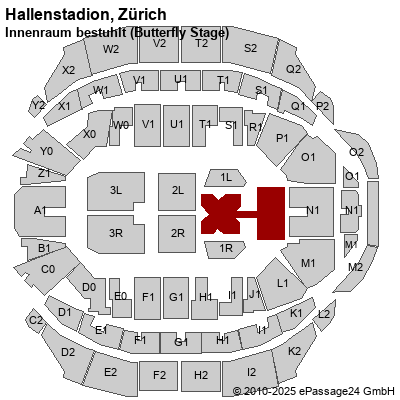 Saalplan Hallenstadion, Zürich, Schweiz, Innenraum bestuhlt (Butterfly Stage)