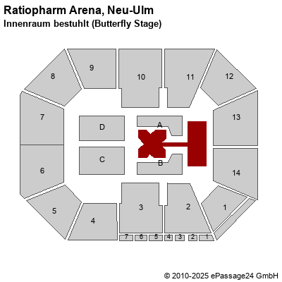 Saalplan Ratiopharm Arena, Neu-Ulm, Deutschland, Innenraum bestuhlt (Butterfly Stage)
