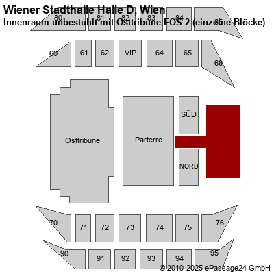 Saalplan Wiener Stadthalle Halle D, Wien, Österreich, Innenraum unbestuhlt mit Osttribüne FOS 2 (einzelne Blöcke)