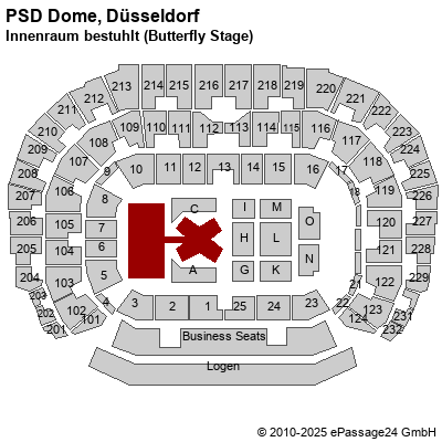 Saalplan ISS Dome, Düsseldorf, Deutschland, Innenraum bestuhlt (Butterfly Stage)