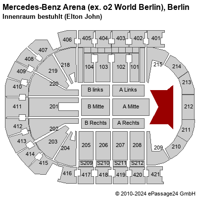 Saalplan Mercedes-Benz Arena (ex. o2 World Berlin), Berlin, Deutschland, Innenraum bestuhlt (Elton John)